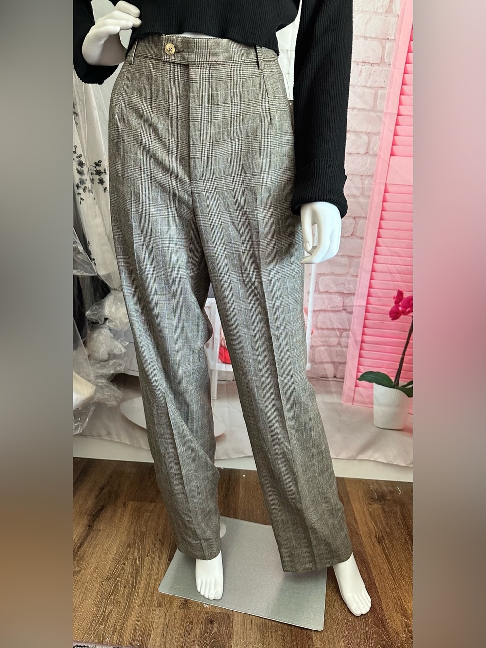 Vintage Barry Bricken Women's Brown Multi Plaid 100% Wool Straight Leg Pants